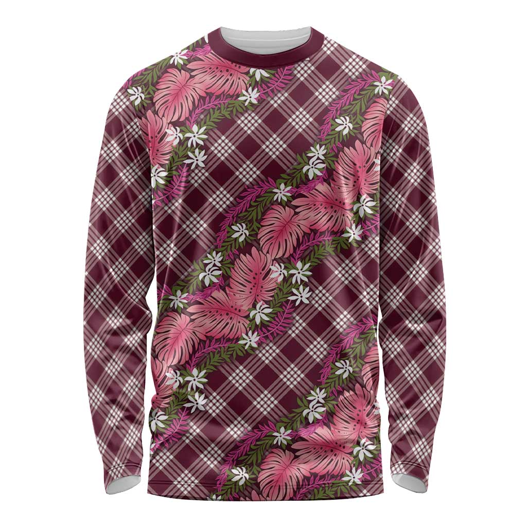 Polynesian Monstera Tiare Floral Long Sleeve Shirt Fuchsia Tropical Plaid - Polynesian Pride