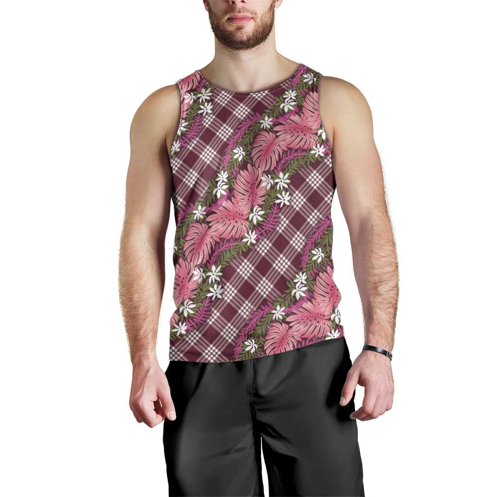 Polynesian Monstera Tiare Floral Men Tank Top Fuchsia Tropical Plaid - Polynesian Pride