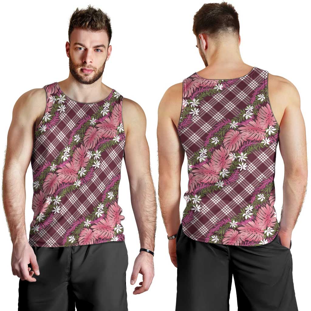 Polynesian Monstera Tiare Floral Men Tank Top Fuchsia Tropical Plaid - Polynesian Pride