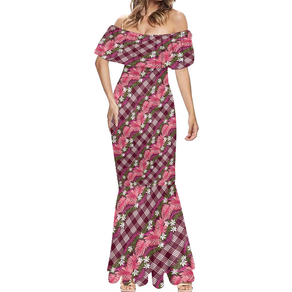 Polynesian Monstera Tiare Floral Mermaid Dress Fuchsia Tropical Plaid - Polynesian Pride