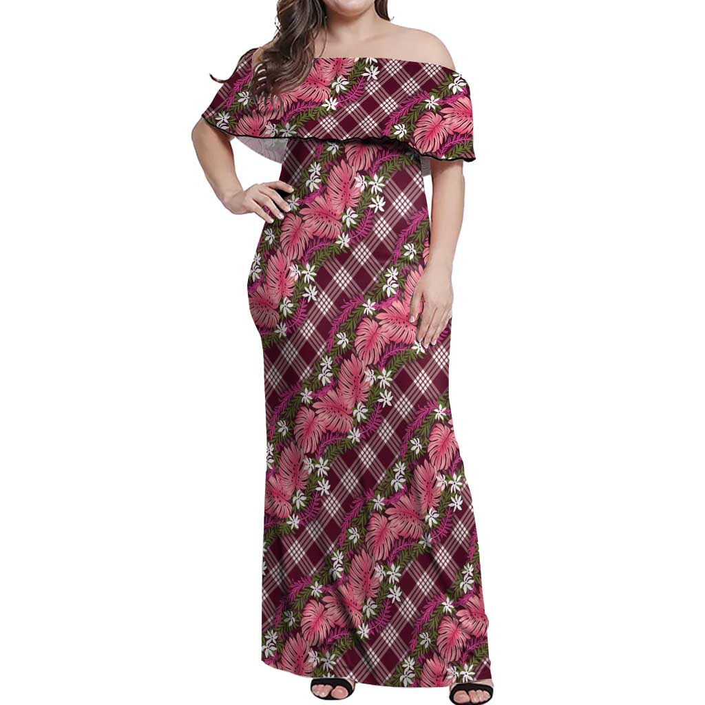 Polynesian Monstera Tiare Floral Off Shoulder Maxi Dress Fuchsia Tropical Plaid - Polynesian Pride