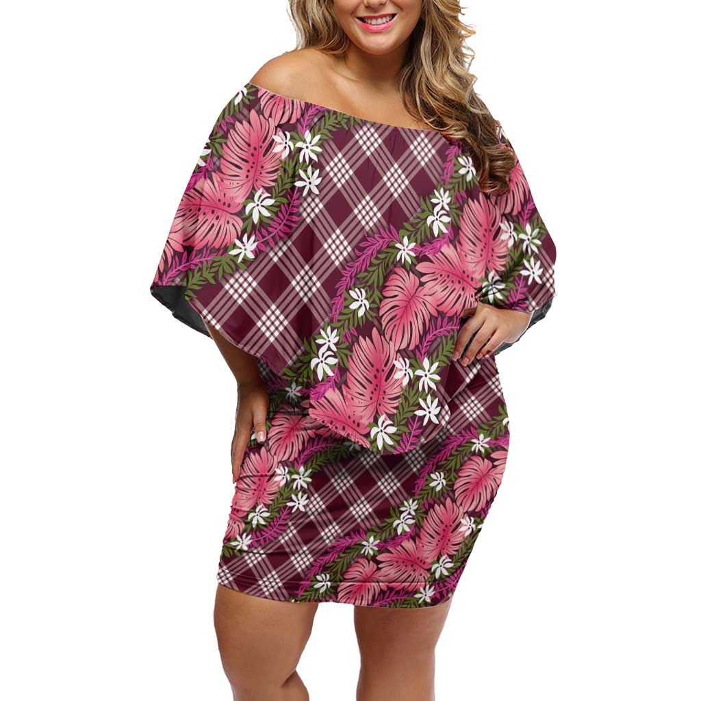 Polynesian Monstera Tiare Floral Off Shoulder Short Dress Fuchsia Tropical Plaid - Polynesian Pride
