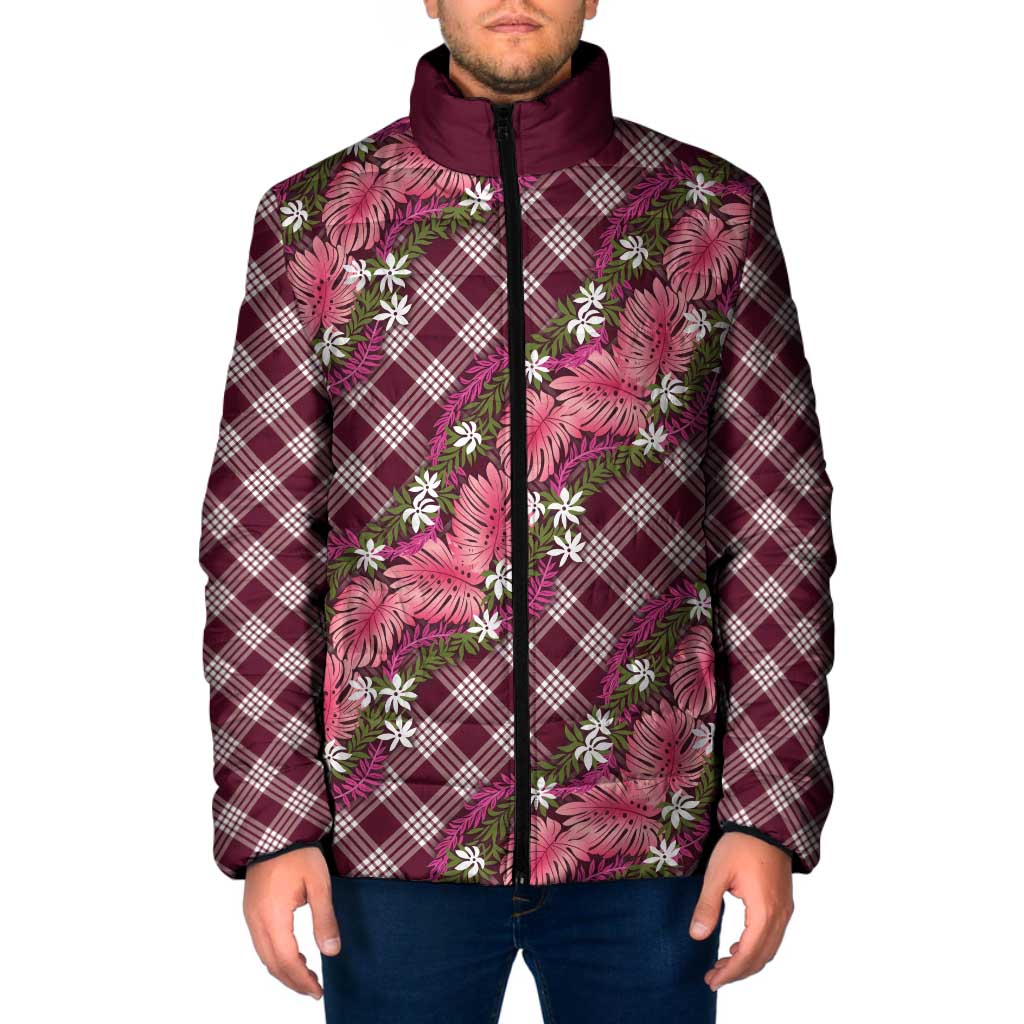 Polynesian Monstera Tiare Floral Padded Jacket Fuchsia Tropical Plaid - Polynesian Pride