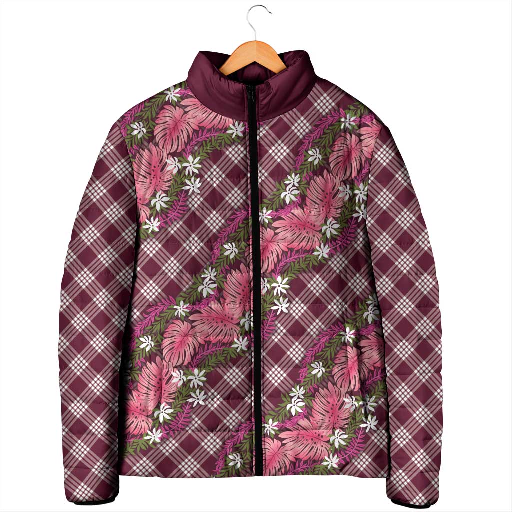 Polynesian Monstera Tiare Floral Padded Jacket Fuchsia Tropical Plaid - Polynesian Pride