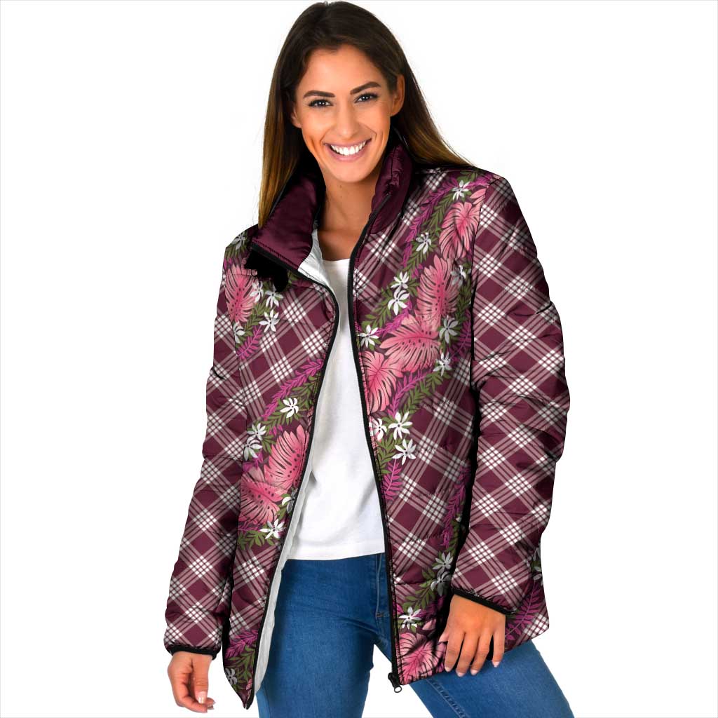 Polynesian Monstera Tiare Floral Padded Jacket Fuchsia Tropical Plaid - Polynesian Pride