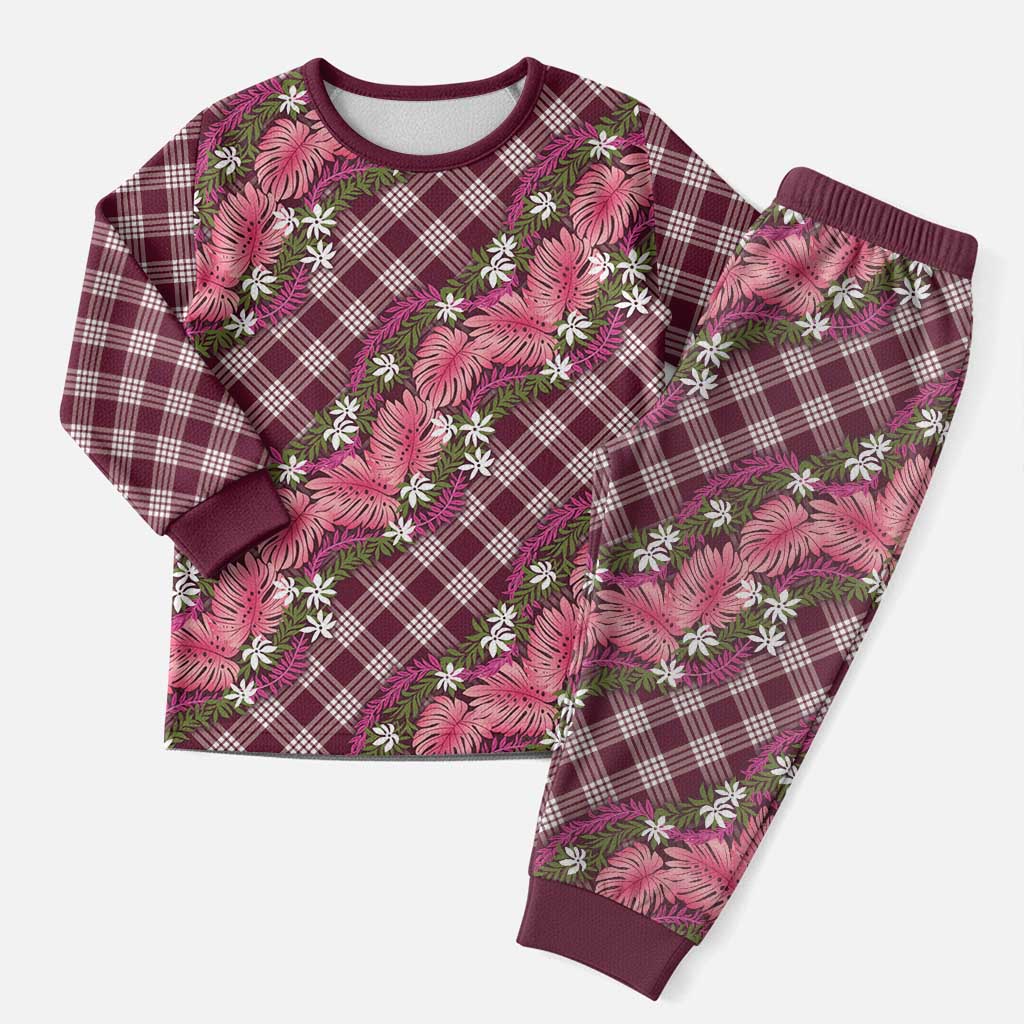 Polynesian Monstera Tiare Floral Christmas Pajama Set Fuchsia Tropical Plaid - Polynesian Pride