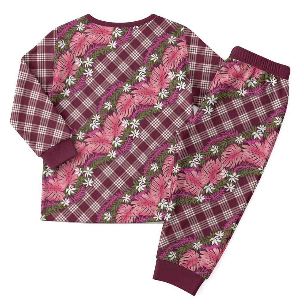 Polynesian Monstera Tiare Floral Christmas Pajama Set Fuchsia Tropical Plaid - Polynesian Pride