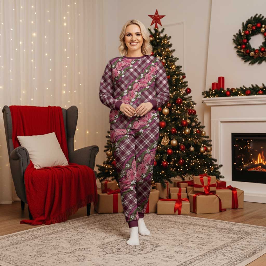 Polynesian Monstera Tiare Floral Christmas Pajama Set Fuchsia Tropical Plaid - Polynesian Pride
