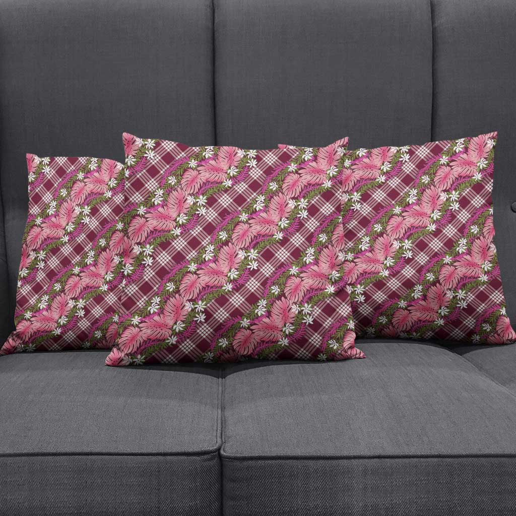 Polynesian Monstera Tiare Floral Pillow Cover Fuchsia Tropical Plaid - Polynesian Pride