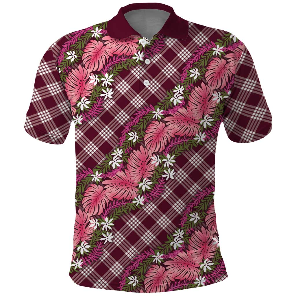 Polynesian Monstera Tiare Floral Polo Shirt Fuchsia Tropical Plaid - Polynesian Pride
