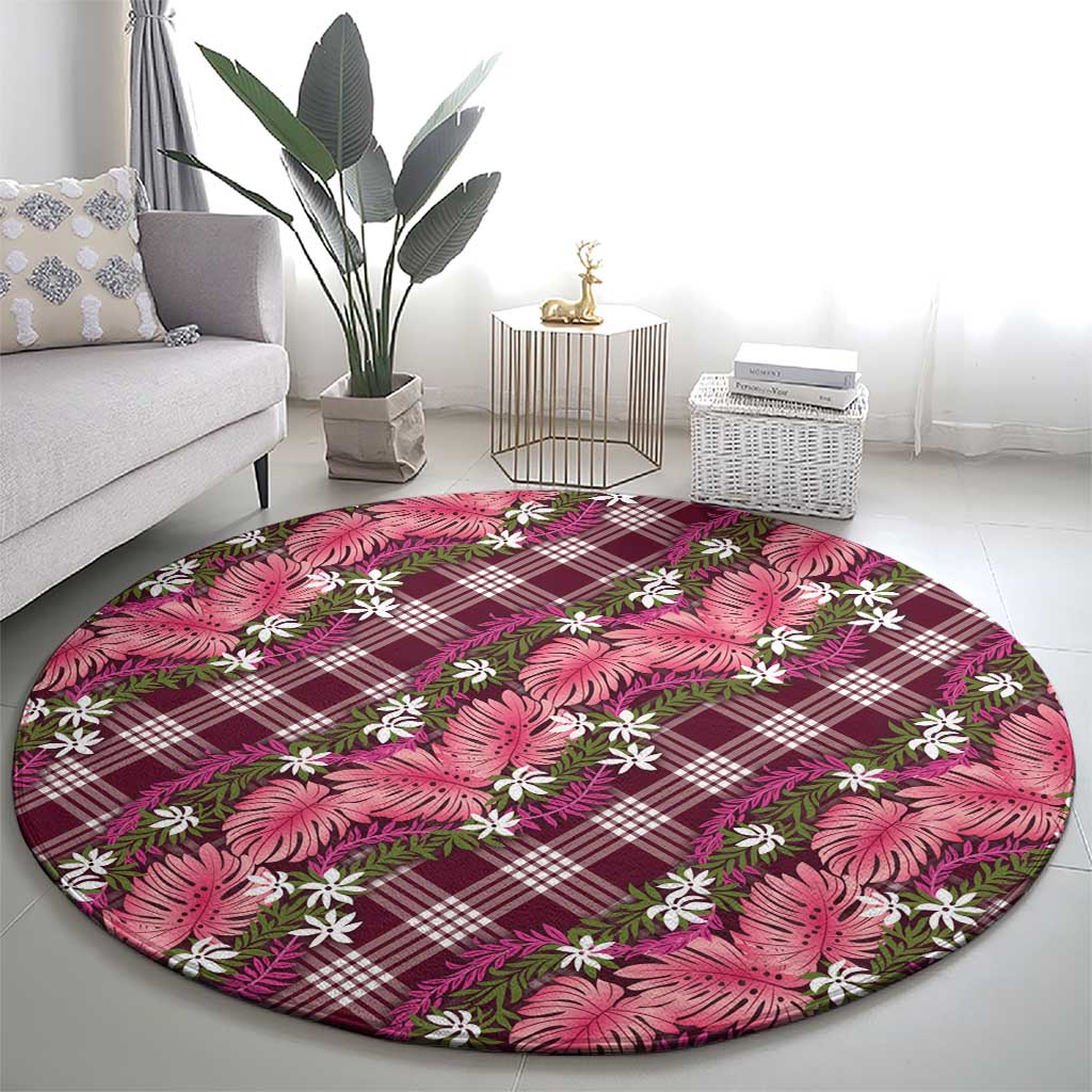 Polynesian Monstera Tiare Floral Round Carpet Fuchsia Tropical Plaid - Polynesian Pride
