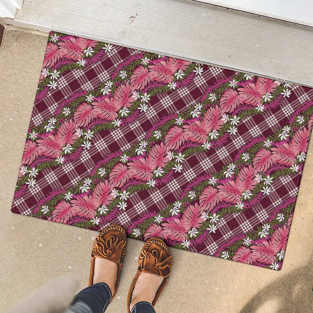 Polynesian Monstera Tiare Floral Rubber Doormat Fuchsia Tropical Plaid - Polynesian Pride