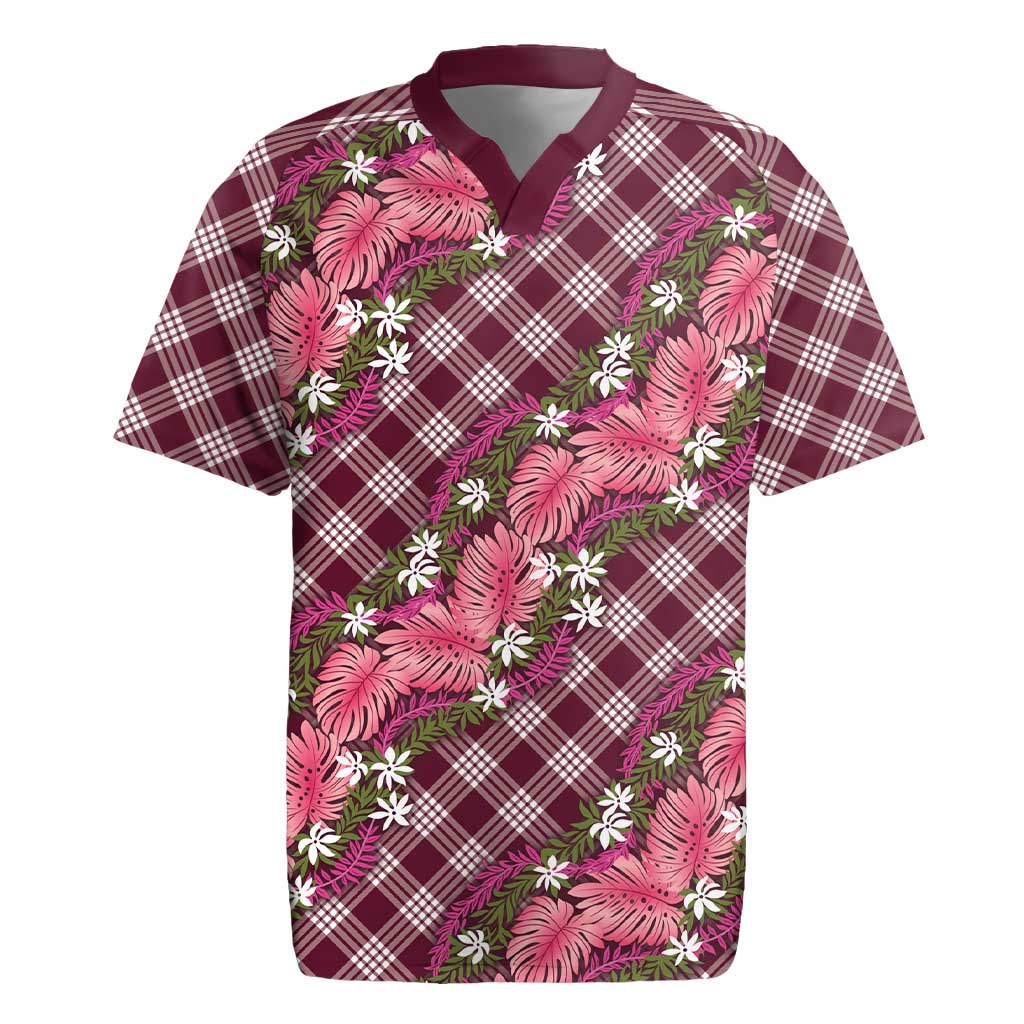Polynesian Monstera Tiare Floral Rugby Jersey Fuchsia Tropical Plaid - Polynesian Pride