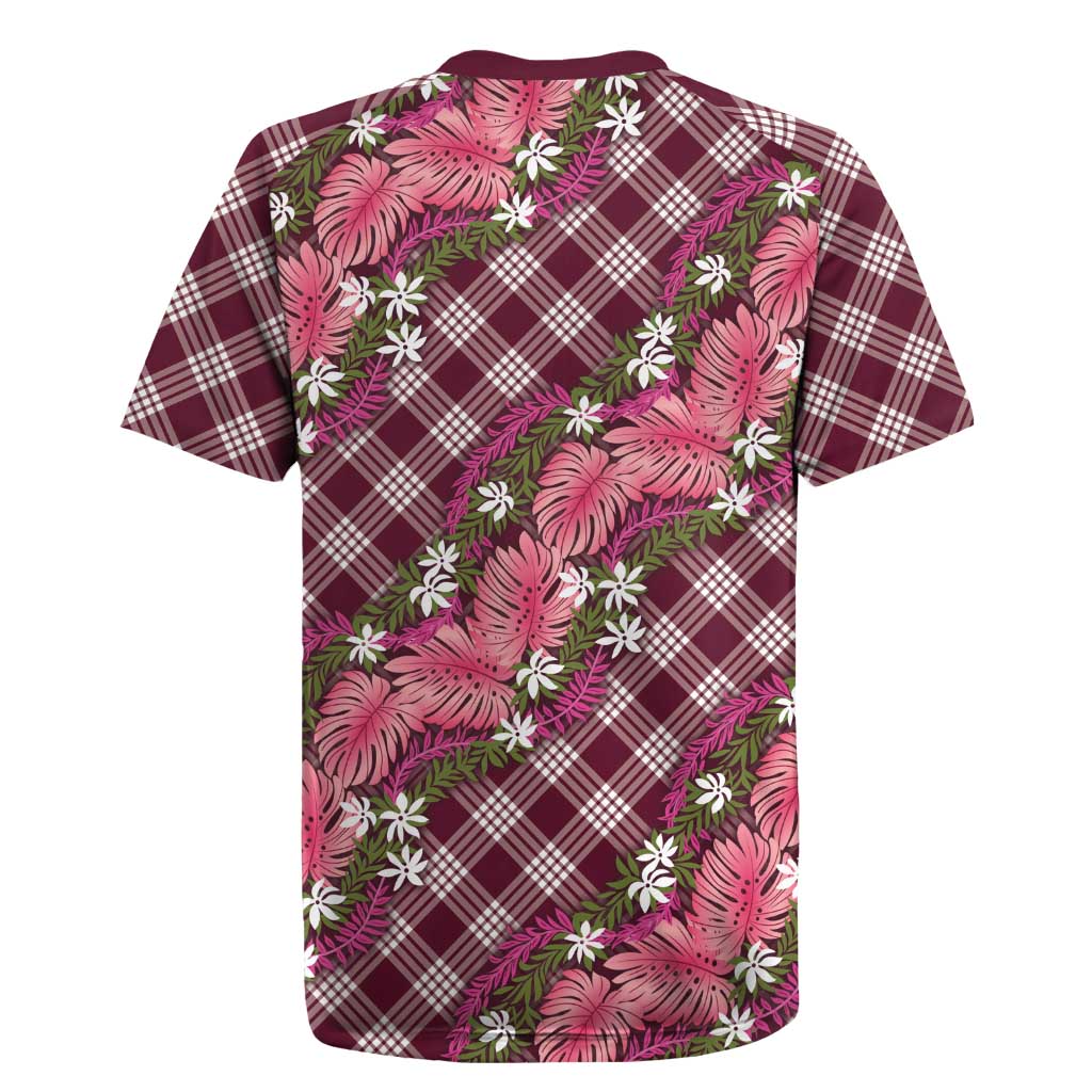 Polynesian Monstera Tiare Floral Rugby Jersey Fuchsia Tropical Plaid - Polynesian Pride