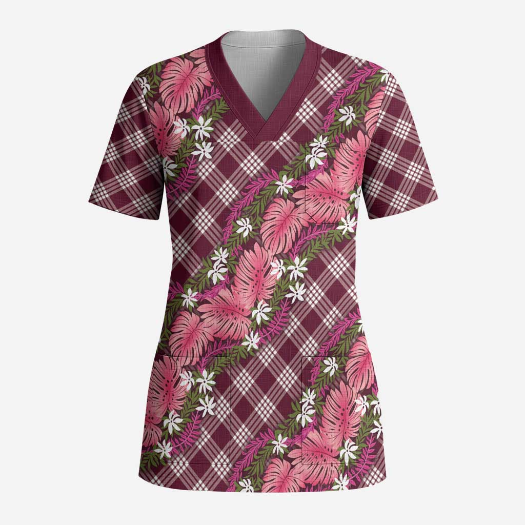 Polynesian Monstera Tiare Floral Scrub Top Fuchsia Tropical Plaid - Polynesian Pride