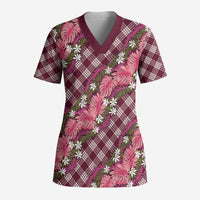 Polynesian Monstera Tiare Floral Scrub Top Fuchsia Tropical Plaid - Polynesian Pride