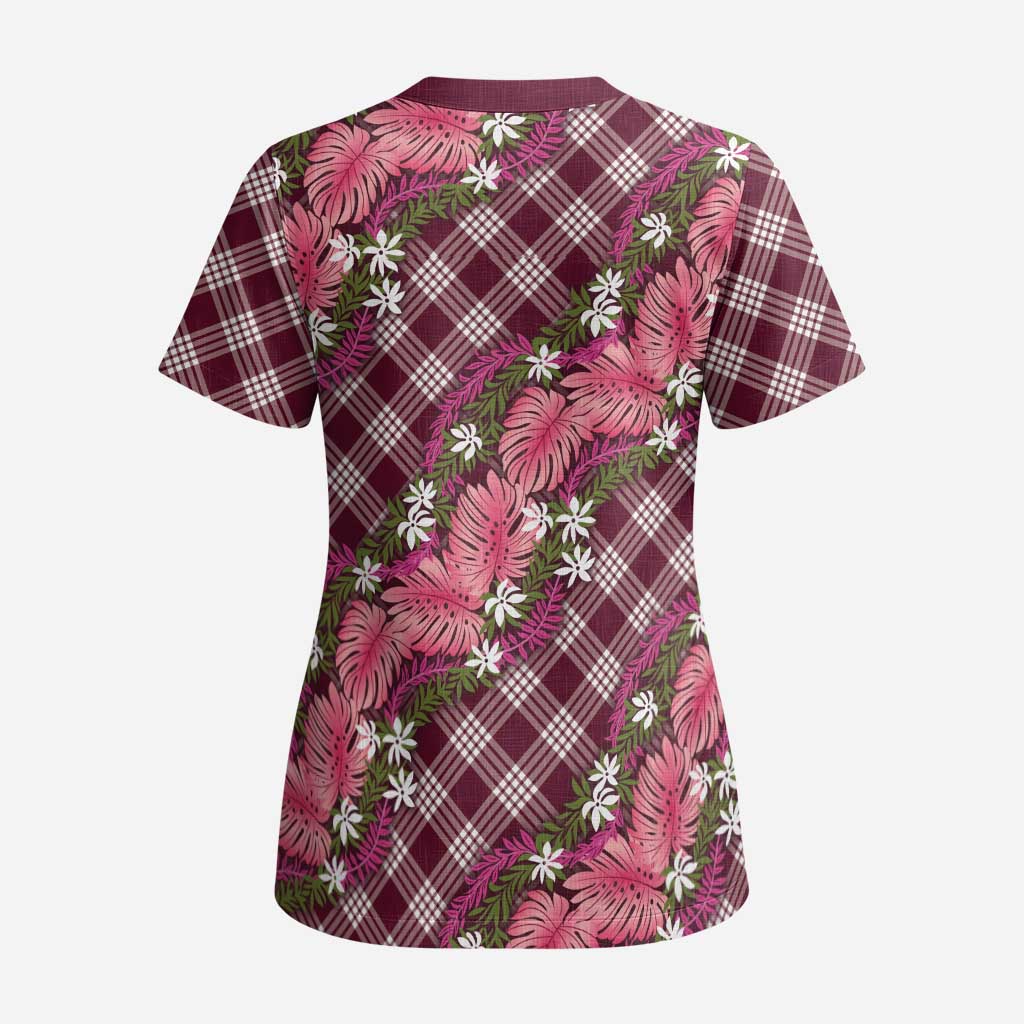 Polynesian Monstera Tiare Floral Scrub Top Fuchsia Tropical Plaid - Polynesian Pride