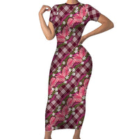 Polynesian Monstera Tiare Floral Short Sleeve Bodycon Dress Fuchsia Tropical Plaid - Polynesian Pride