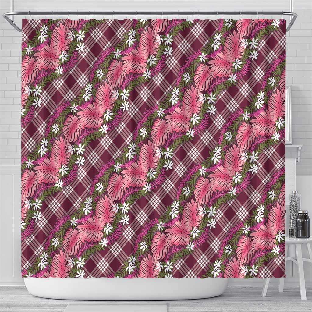 Polynesian Monstera Tiare Floral Shower Curtain Fuchsia Tropical Plaid - Polynesian Pride