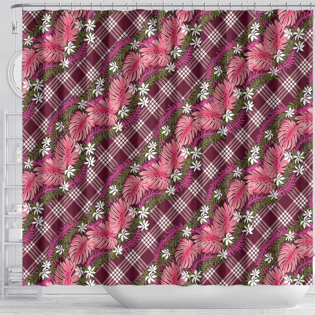 Polynesian Monstera Tiare Floral Shower Curtain Fuchsia Tropical Plaid - Polynesian Pride