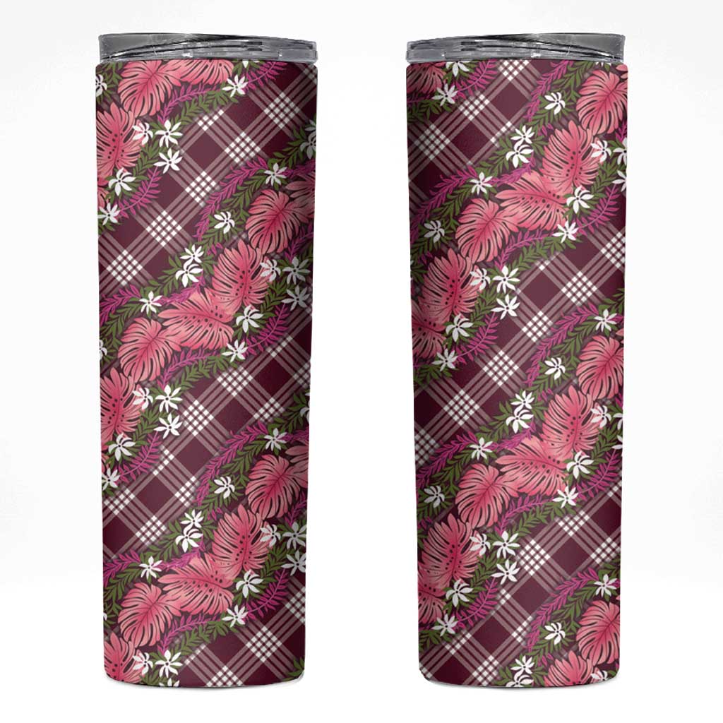 Polynesian Monstera Tiare Floral Skinny Tumbler Fuchsia Tropical Plaid - Polynesian Pride