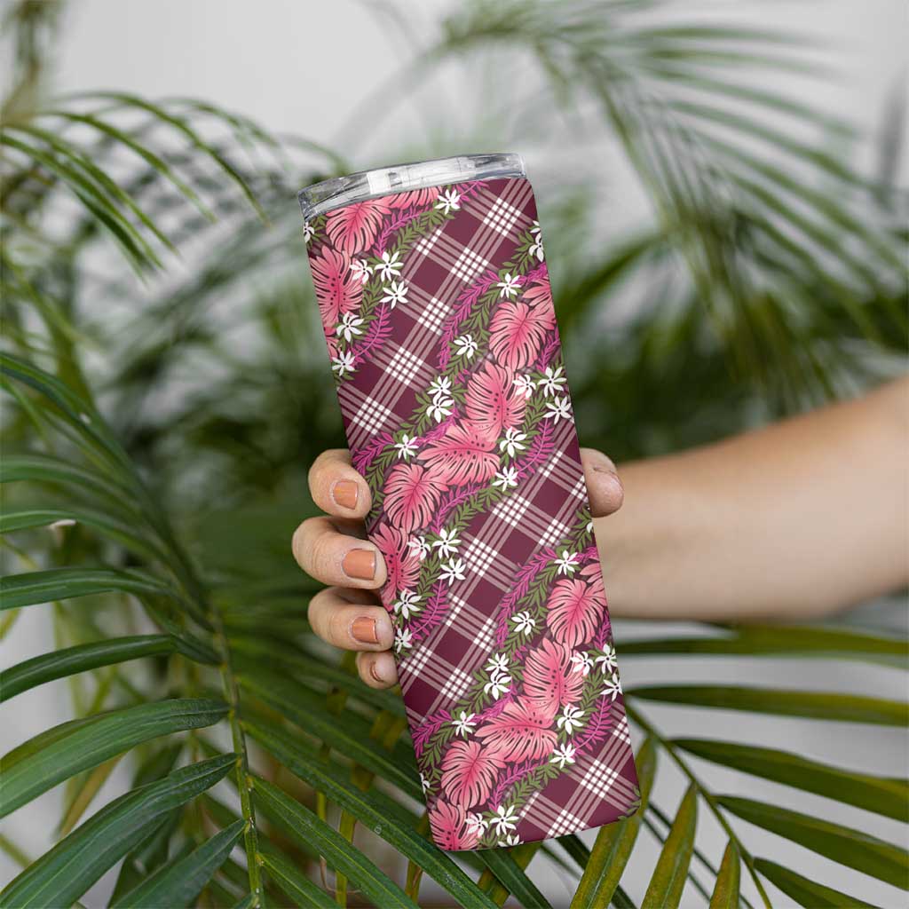 Polynesian Monstera Tiare Floral Skinny Tumbler Fuchsia Tropical Plaid - Polynesian Pride