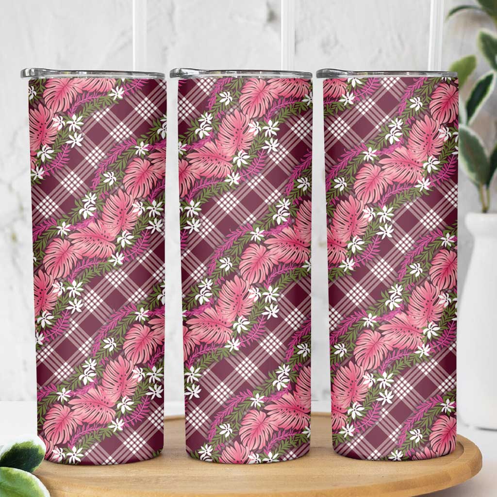 Polynesian Monstera Tiare Floral Skinny Tumbler Fuchsia Tropical Plaid - Polynesian Pride