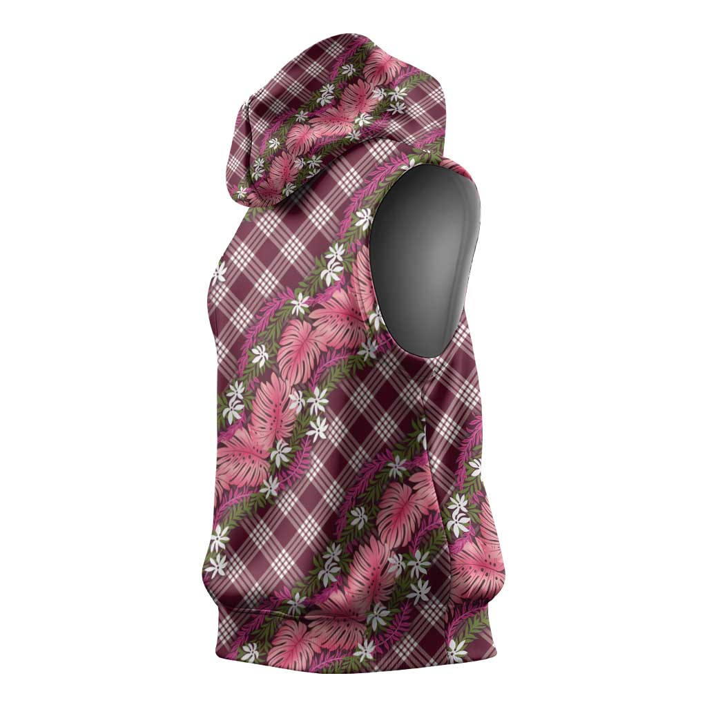 Polynesian Monstera Tiare Floral Sleeveless Hoodie Fuchsia Tropical Plaid - Polynesian Pride