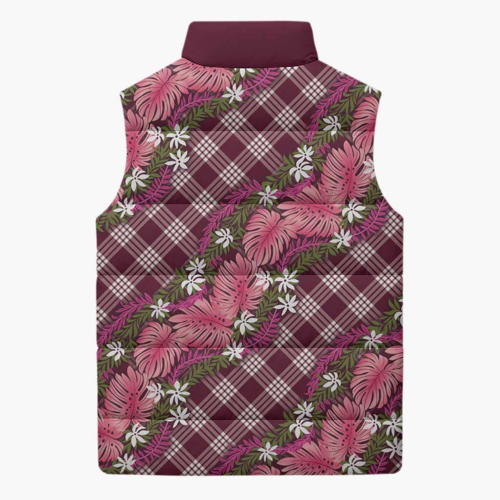 Polynesian Monstera Tiare Floral Sleeveless Puffer Jacket Fuchsia Tropical Plaid - Polynesian Pride