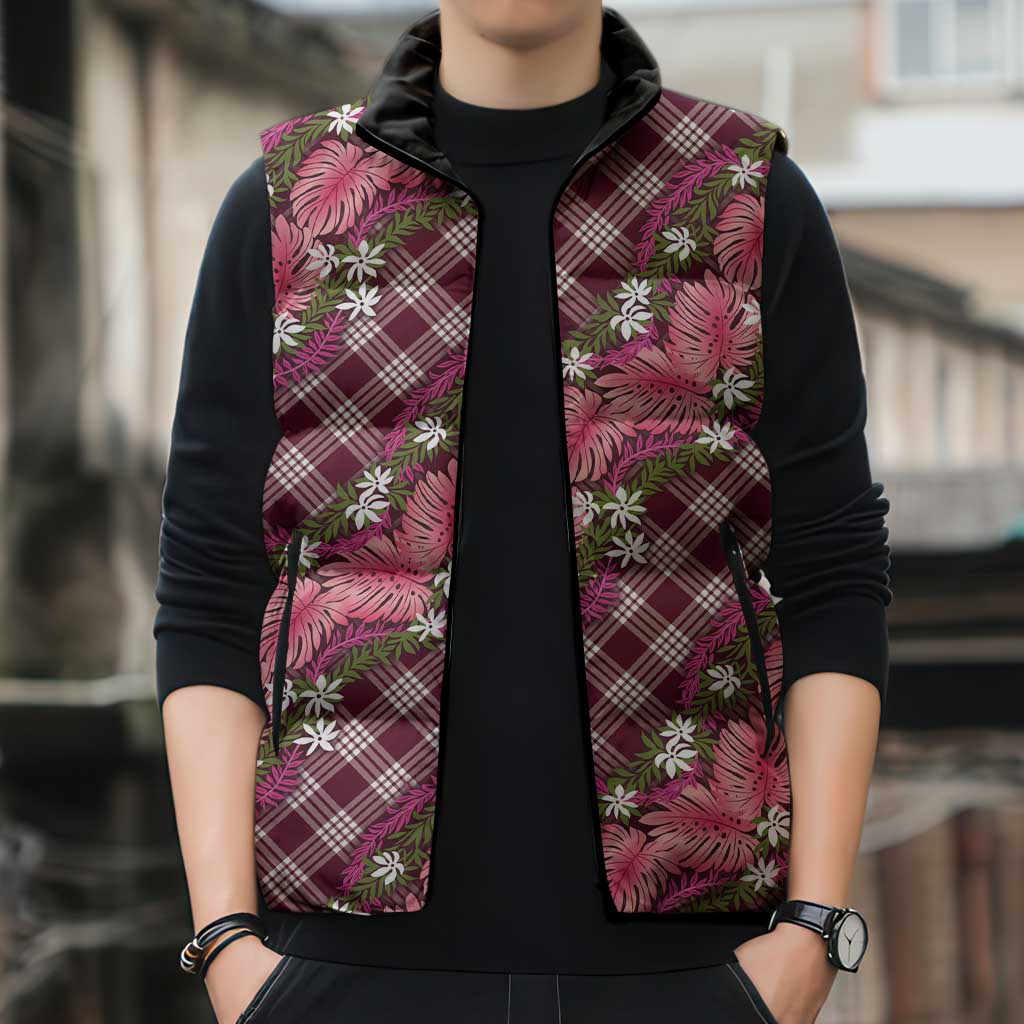 Polynesian Monstera Tiare Floral Sleeveless Puffer Jacket Fuchsia Tropical Plaid - Polynesian Pride