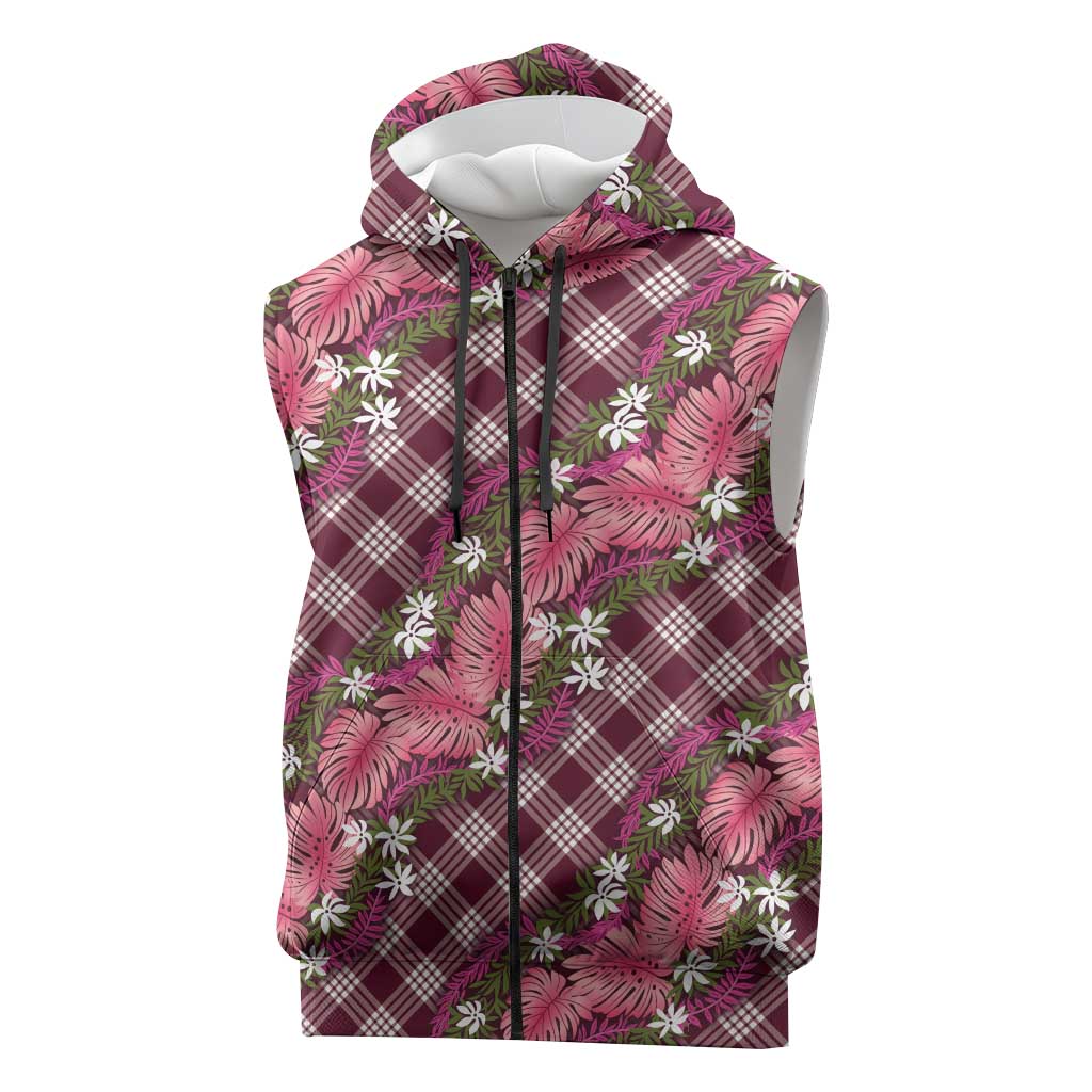 Polynesian Monstera Tiare Floral Sleeveless Zip Hoodie Fuchsia Tropical Plaid - Polynesian Pride