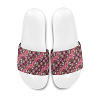 Polynesian Monstera Tiare Floral Slide Sandals Fuchsia Tropical Plaid - Polynesian Pride