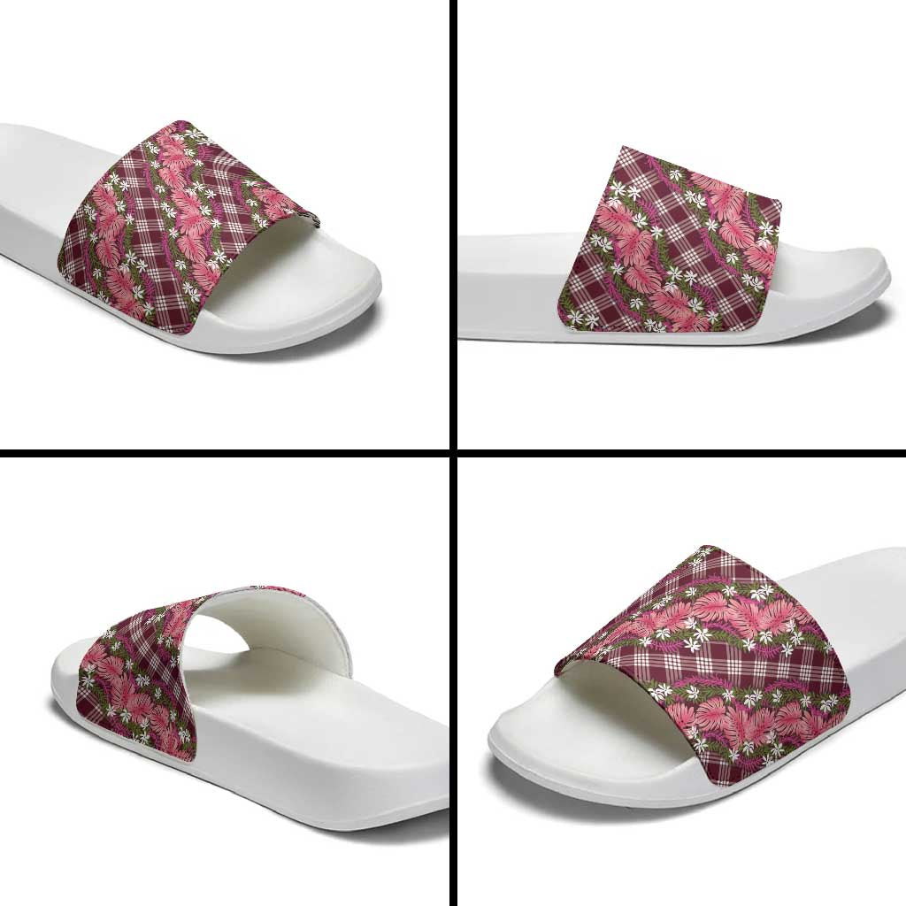 Polynesian Monstera Tiare Floral Slide Sandals Fuchsia Tropical Plaid - Polynesian Pride