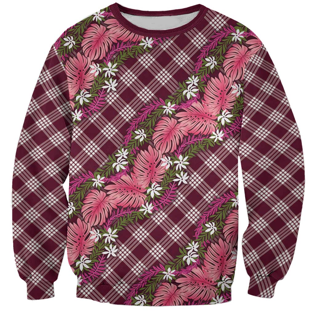 Polynesian Monstera Tiare Floral Sweatshirt Fuchsia Tropical Plaid - Polynesian Pride