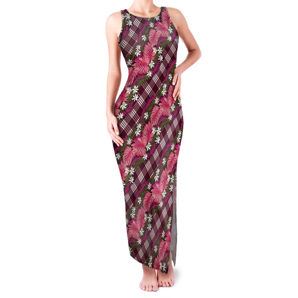 Polynesian Monstera Tiare Floral Tank Maxi Dress Fuchsia Tropical Plaid - Polynesian Pride