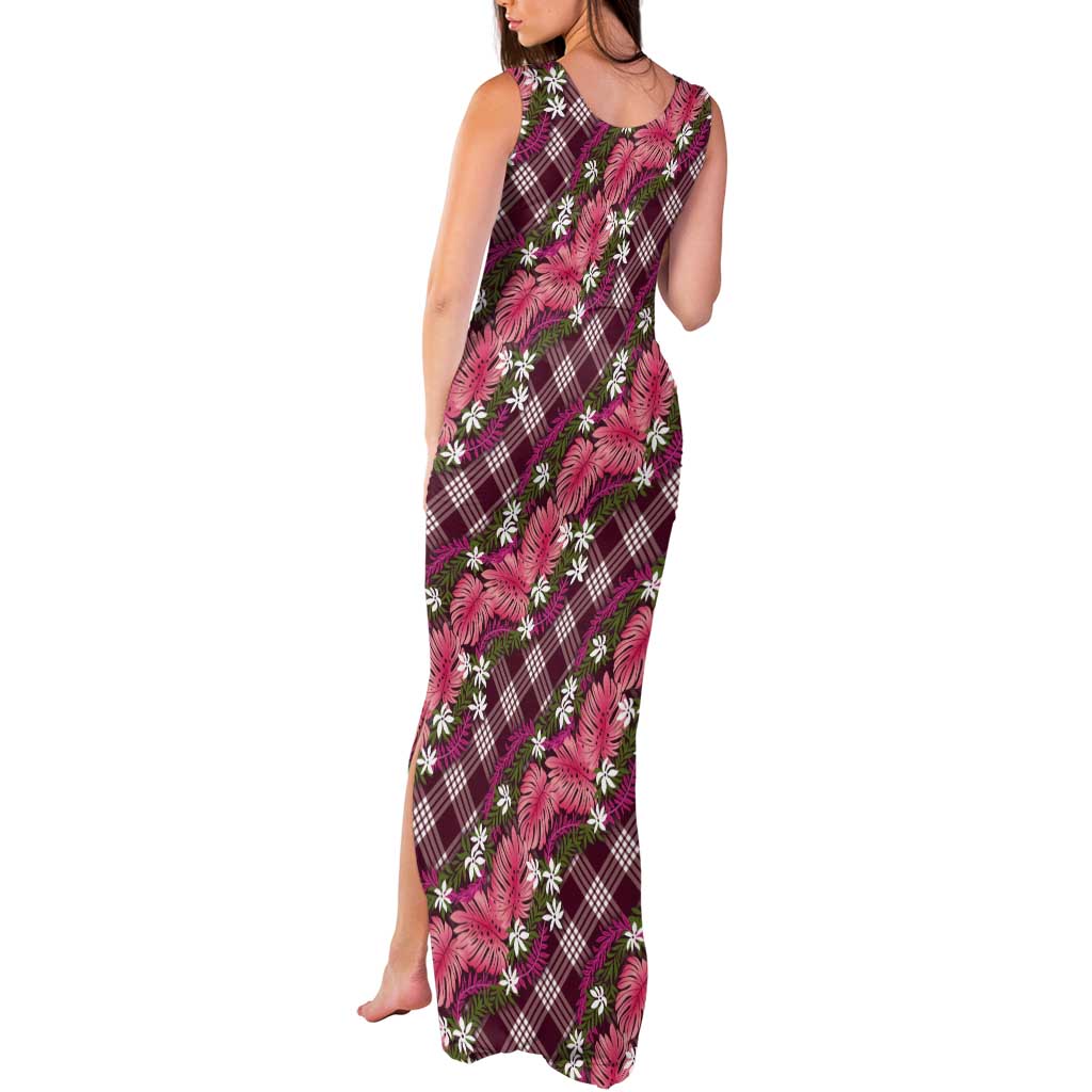 Polynesian Monstera Tiare Floral Tank Maxi Dress Fuchsia Tropical Plaid - Polynesian Pride
