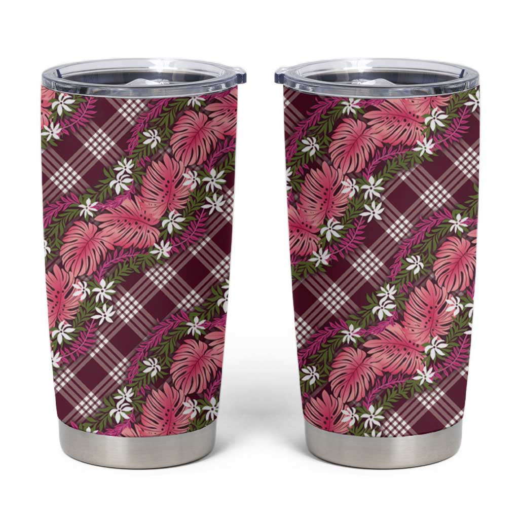 Polynesian Monstera Tiare Floral Tumbler Cup Fuchsia Tropical Plaid - Polynesian Pride