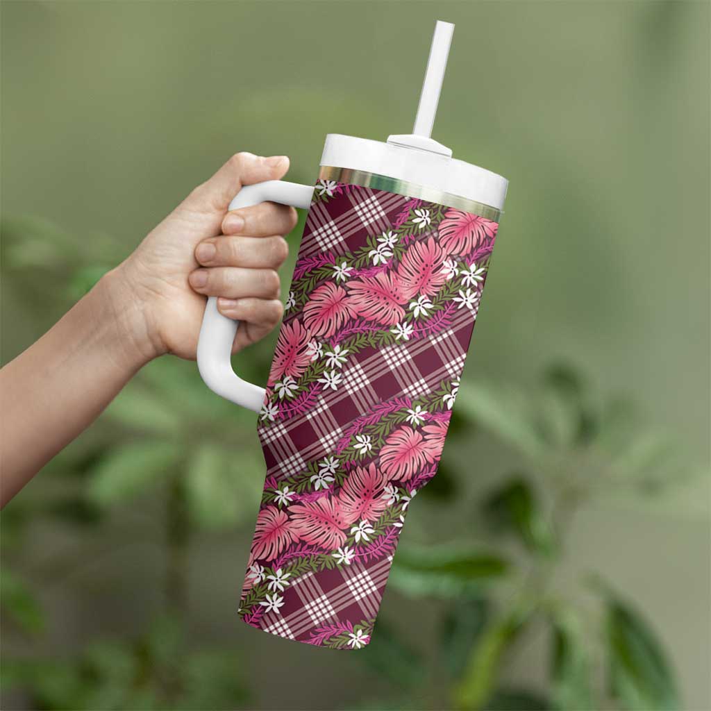 Polynesian Monstera Tiare Floral Tumbler With Handle Fuchsia Tropical Plaid - Polynesian Pride