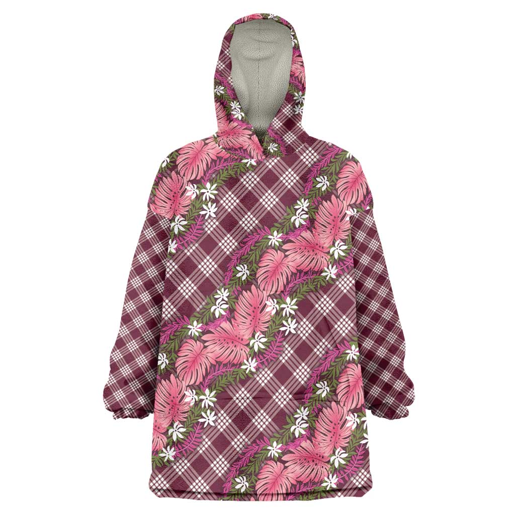 Polynesian Monstera Tiare Floral Wearable Blanket Hoodie Fuchsia Tropical Plaid - Polynesian Pride