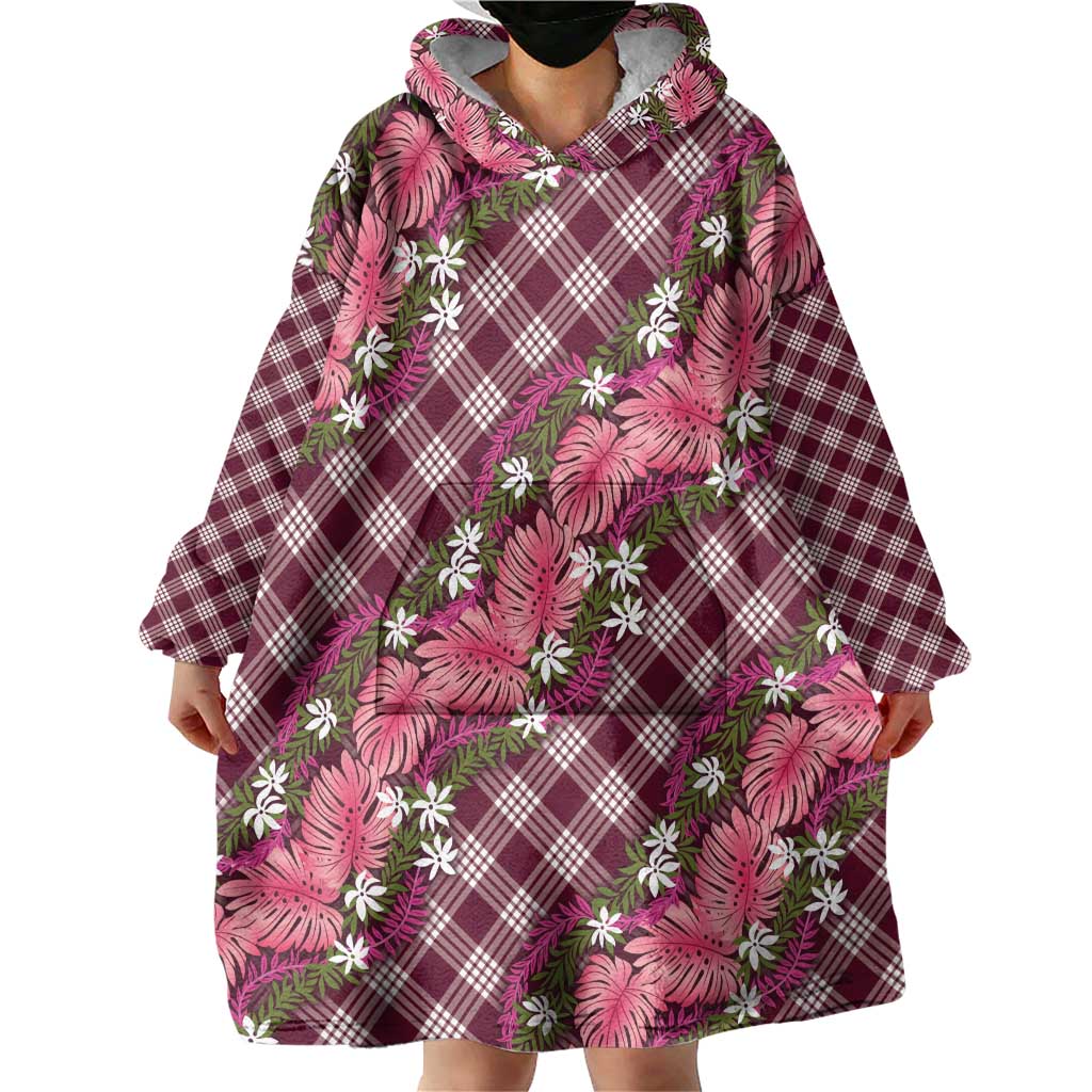 Polynesian Monstera Tiare Floral Wearable Blanket Hoodie Fuchsia Tropical Plaid - Polynesian Pride