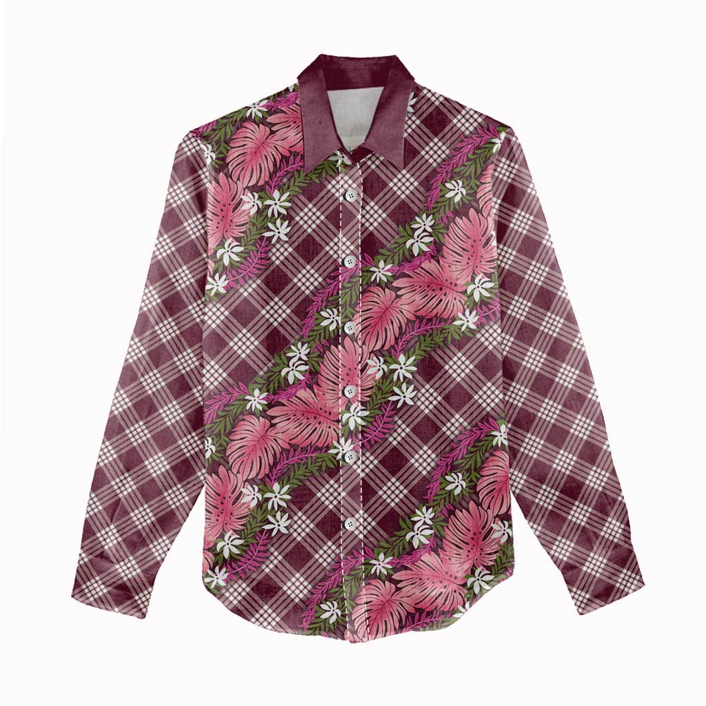 Polynesian Monstera Tiare Floral Women Casual Shirt Fuchsia Tropical Plaid - Polynesian Pride