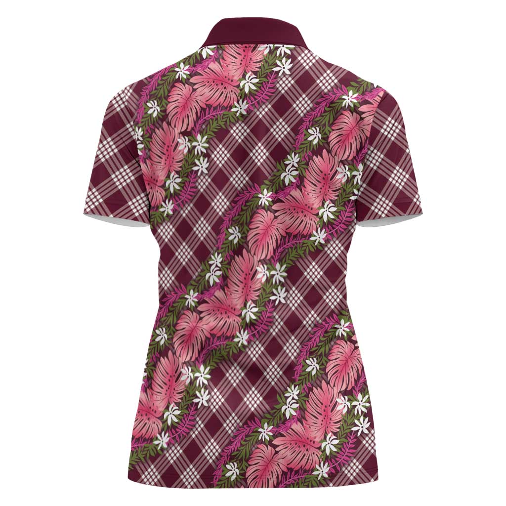 Polynesian Monstera Tiare Floral Women Polo Shirt Fuchsia Tropical Plaid - Polynesian Pride