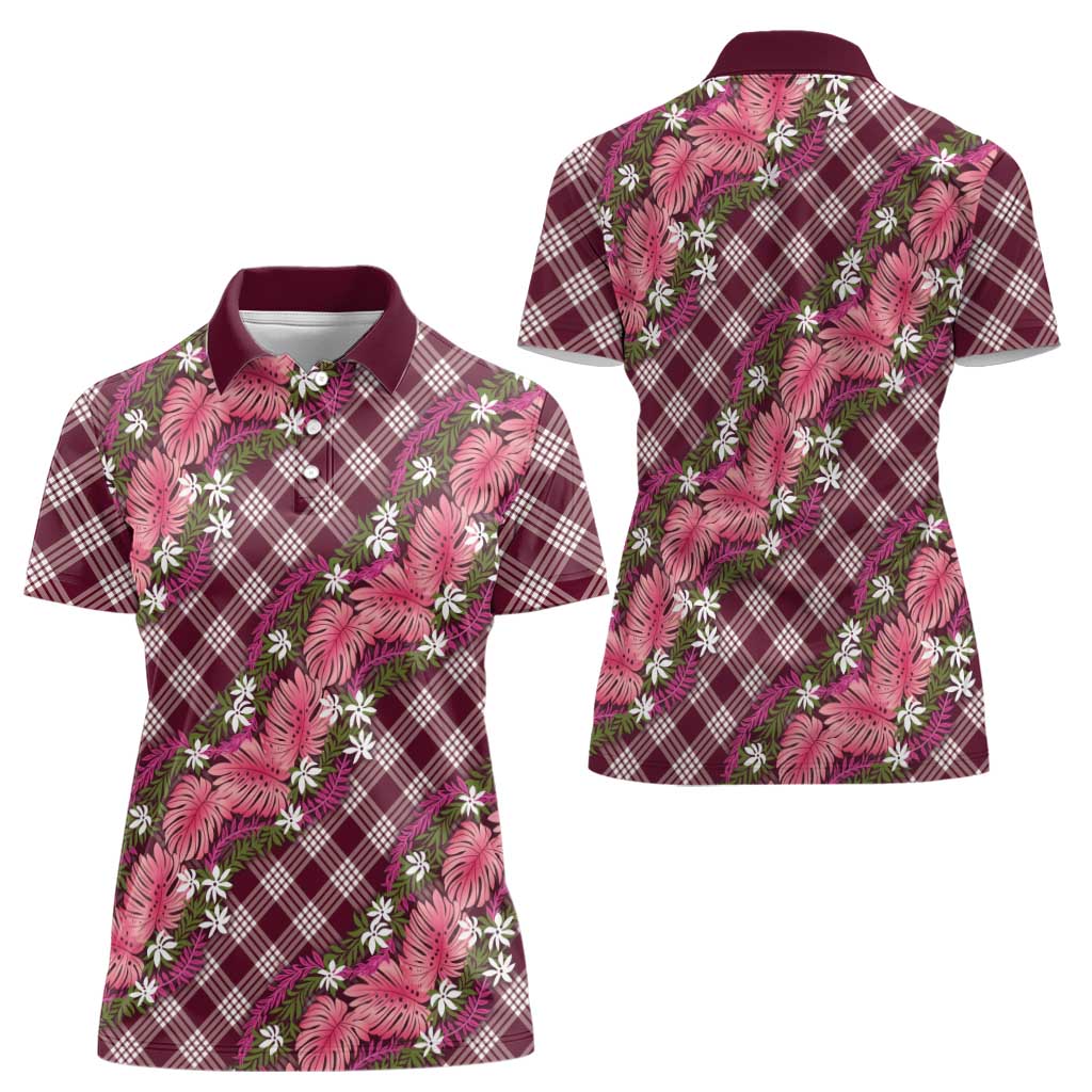 Polynesian Monstera Tiare Floral Women Polo Shirt Fuchsia Tropical Plaid - Polynesian Pride