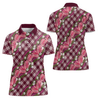 Polynesian Monstera Tiare Floral Women Polo Shirt Fuchsia Tropical Plaid - Polynesian Pride