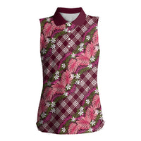 Polynesian Monstera Tiare Floral Women Sleeveless Polo Shirt Fuchsia Tropical Plaid - Polynesian Pride