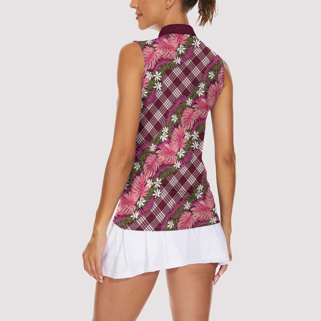 Polynesian Monstera Tiare Floral Women Sleeveless Polo Shirt Fuchsia Tropical Plaid - Polynesian Pride