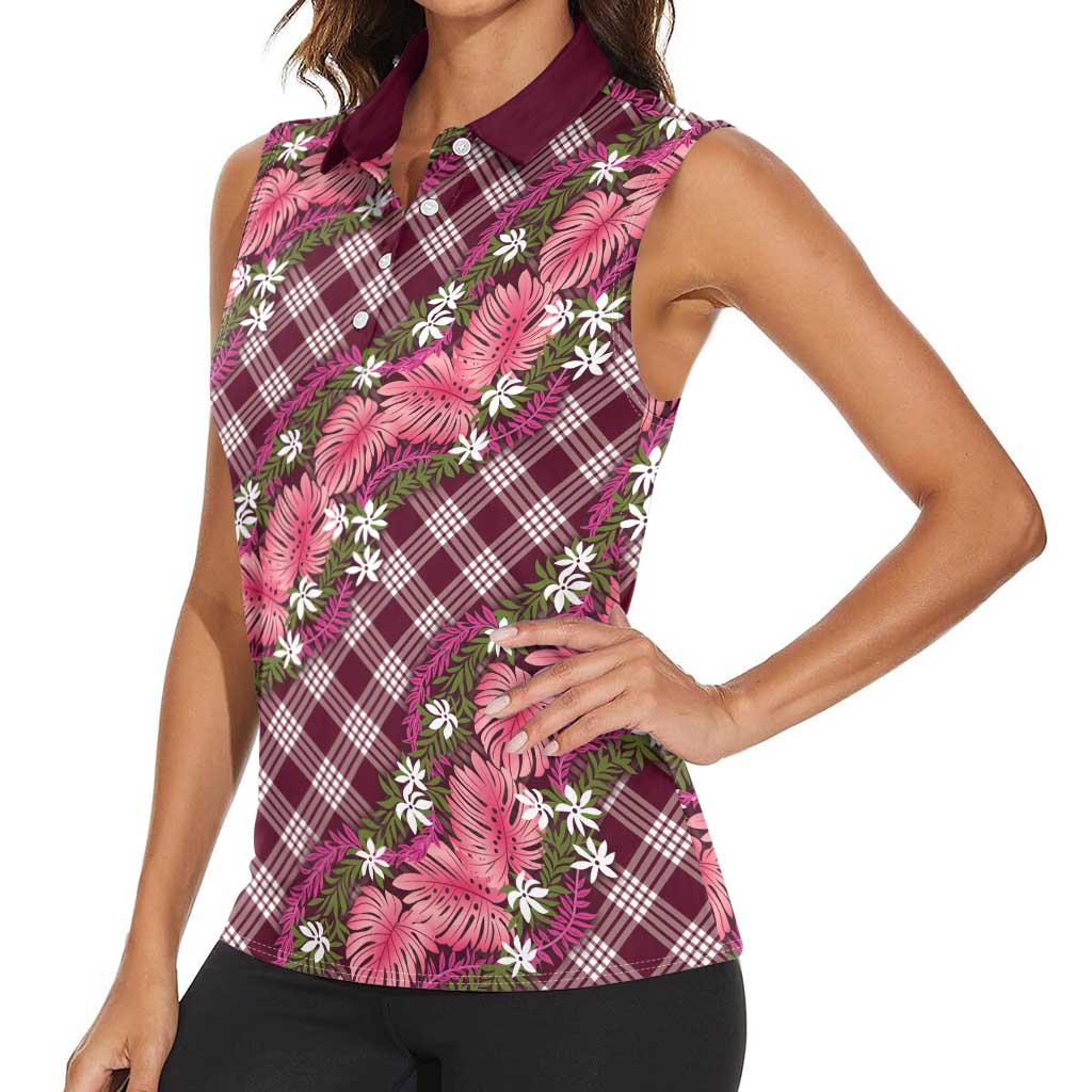 Polynesian Monstera Tiare Floral Women Sleeveless Polo Shirt Fuchsia Tropical Plaid - Polynesian Pride