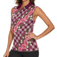 Polynesian Monstera Tiare Floral Women Sleeveless Polo Shirt Fuchsia Tropical Plaid - Polynesian Pride