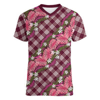 Polynesian Monstera Tiare Floral Women V-Neck T-Shirt Fuchsia Tropical Plaid - Polynesian Pride