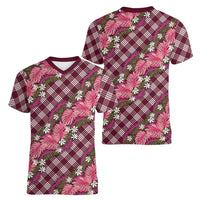 Polynesian Monstera Tiare Floral Women V-Neck T-Shirt Fuchsia Tropical Plaid - Polynesian Pride